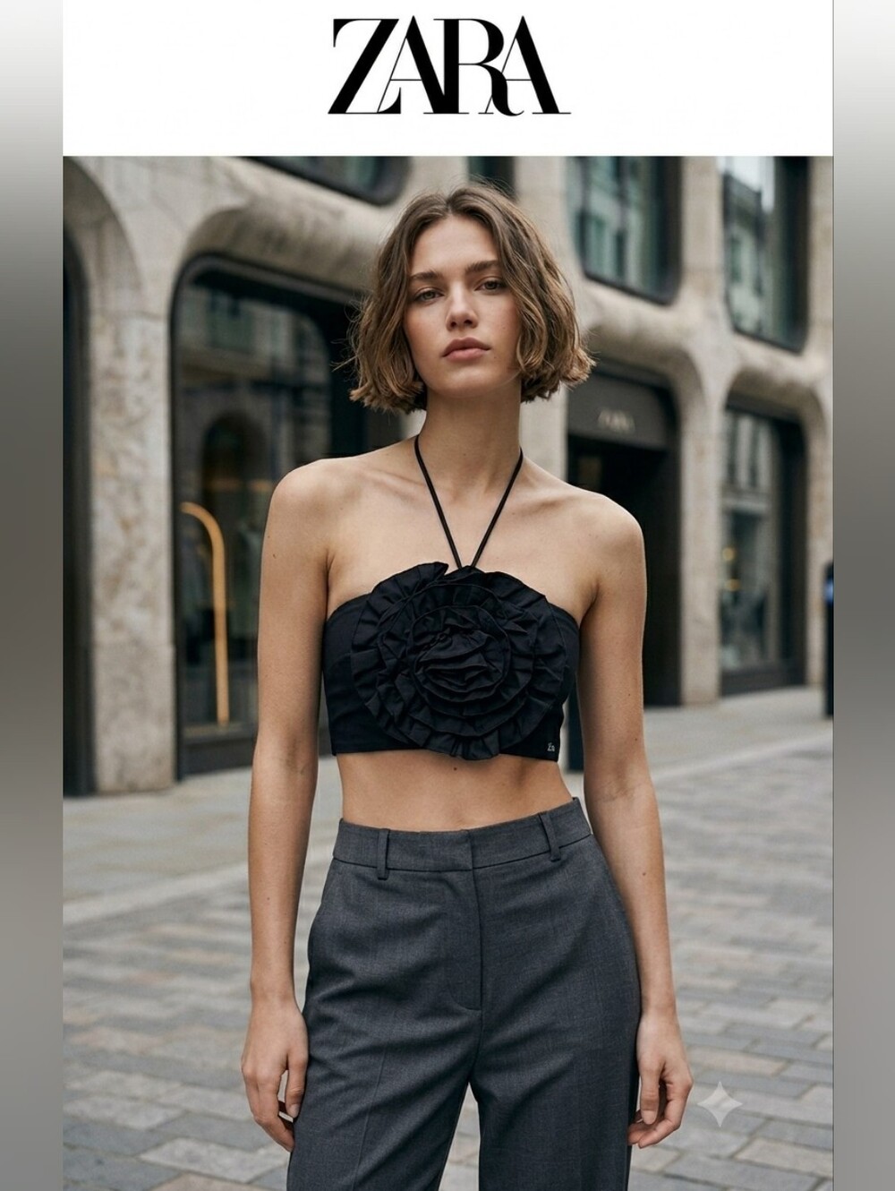 ZARA Black Halter Crop Top with Floral Ruffle